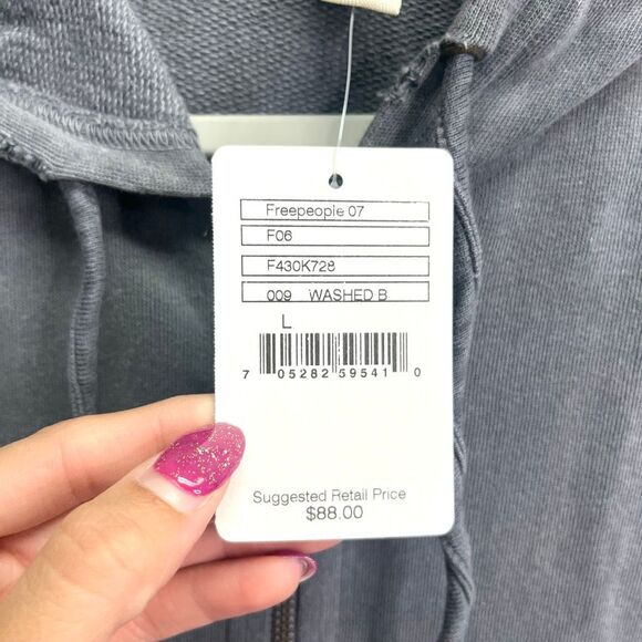 Free People Jacket Women’s Large Gray Distressed Zip Up Hooded Shirt NWT - Picture 3 of 6